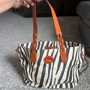 Dooney & Bourke Zebra Print Tote Bag with Tan Leather Straps